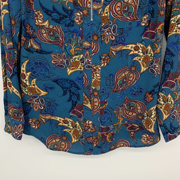 NY Collection Top Blue Floral Print Zip V Neck Roll Tab Sleeve - Picture 6 of 11